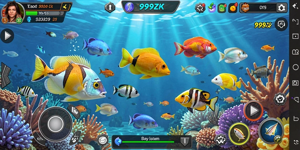 Tampilan gameplay <strong>999ZK</strong> saat menembak ikan di lautan yang indah.