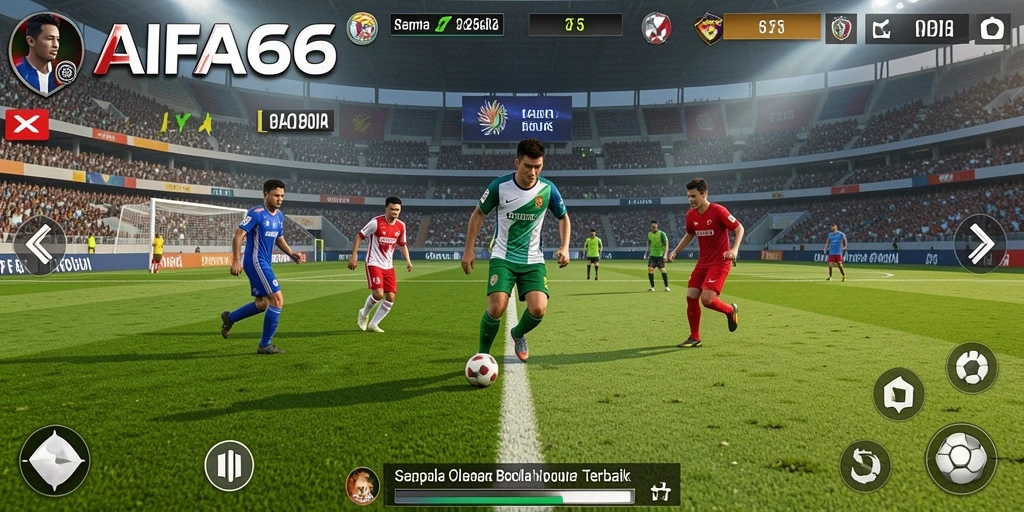 Screenshot gameplay AIFA66 yang menunjukkan aksi mendebarkan dalam pertandingan sepak bola.