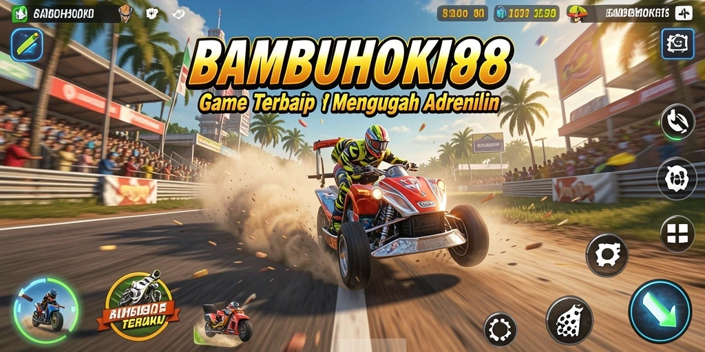 Tampilan utama gameplay BAMBUHOKI88 yang menegangkan di lintasan balap.