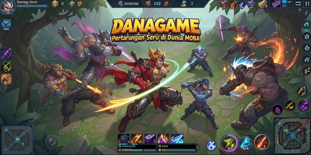Screenshot utama DANAGAME menampilkan pertarungan seru di medan perang MOBA.