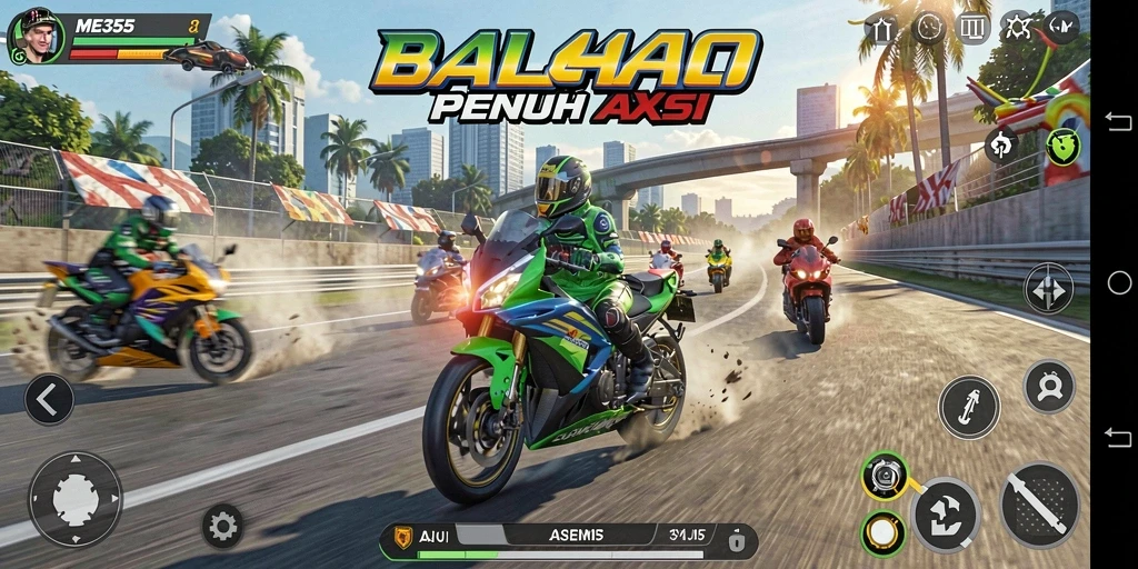Tampilan gameplay seru di ME355 dengan balapan motor yang mendebarkan.