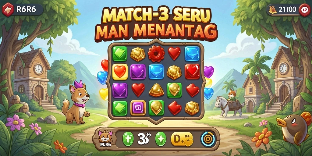 Tangkapan layar gameplay R6R6 yang menampilkan aksi mencocokkan permata.