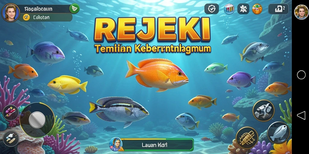 Screenshot gameplay REJEKI menampilkan aksi seru memancing dengan latar belakang laut yang indah.