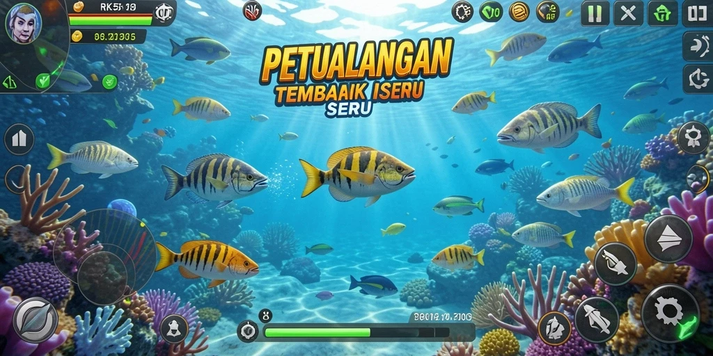 Screenshot utama RK55 menampilkan aksi menembak ikan yang seru.