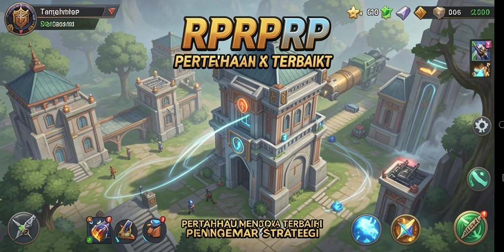Screenshot gameplay RPRPRP dengan pertahanan menara yang strategis.
