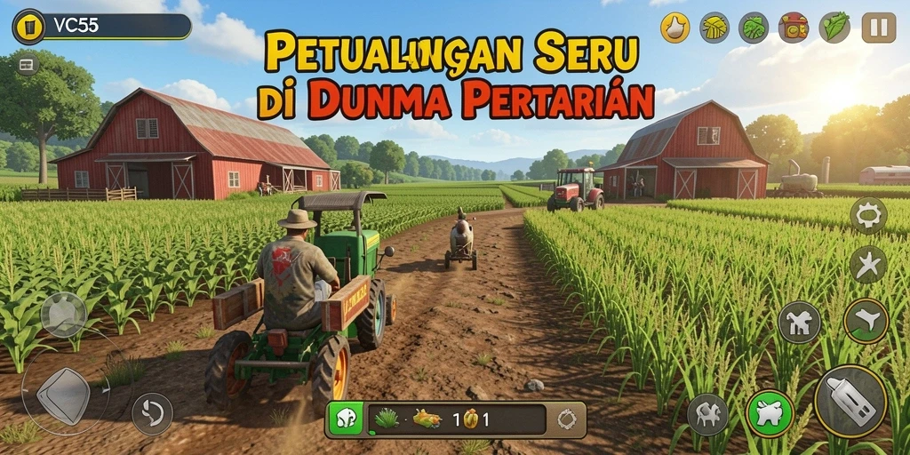 Screenshot gameplay VC55 menunjukkan aktivitas bertani yang seru dan menarik.